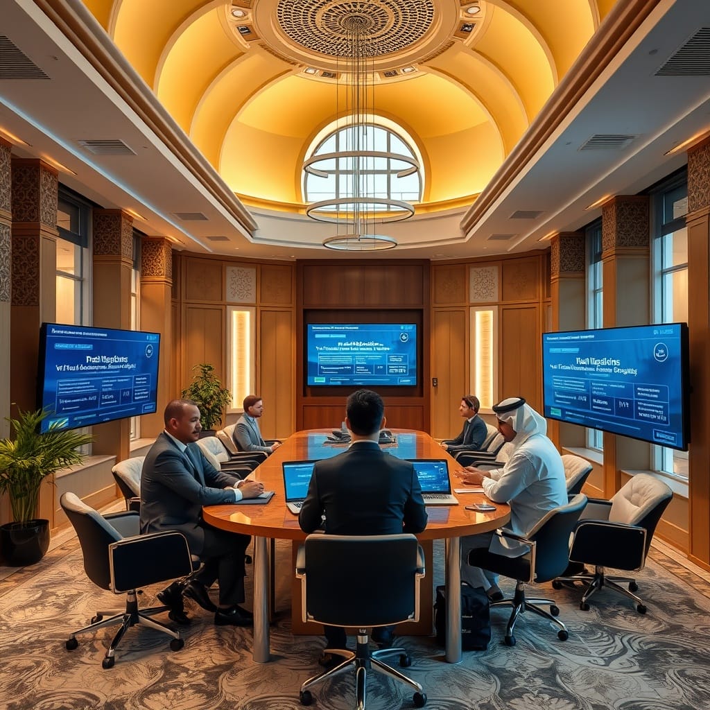 A modern regulatory office with Middle Eastern architecture, showcasing professionals discussing FinTech regulations with digital screens displaying legal frameworks in the background.