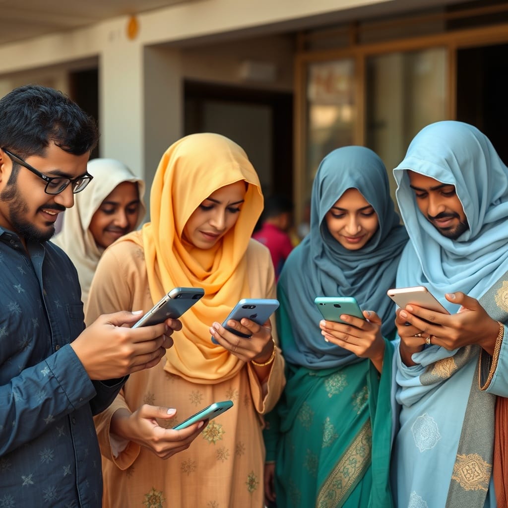 A diverse group of Middle Eastern individuals using smartphones for digital banking, symbolizing financial inclusion and the bridging of the financial services gap in urban and rural settings.