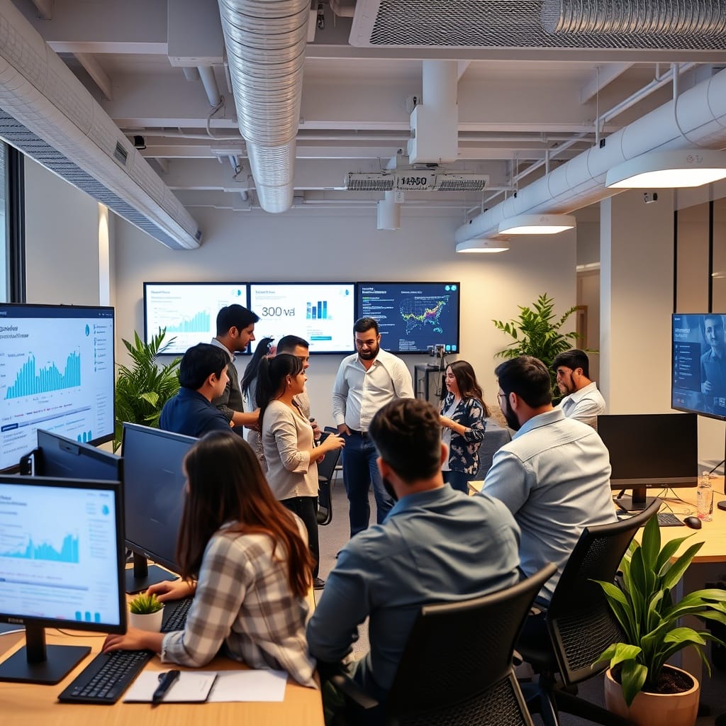 A dynamic workspace of a successful Middle Eastern FinTech startup, with a diverse team collaborating and digital screens displaying growth charts and innovative payment solutions.