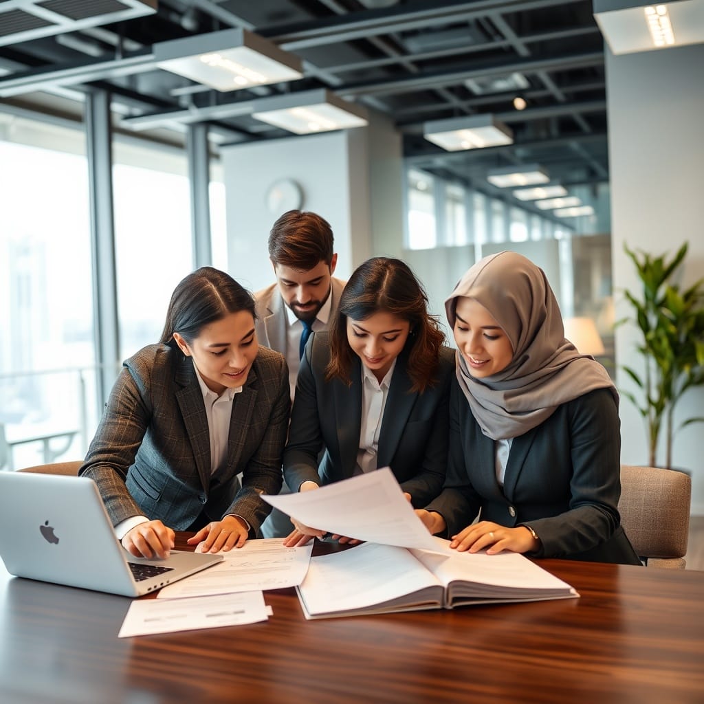 A professional stock photo depicting a FinTech company's team reviewing licensing documents in a modern office setting, symbolizing the licensing requirements for FinTech companies in GCC countries.