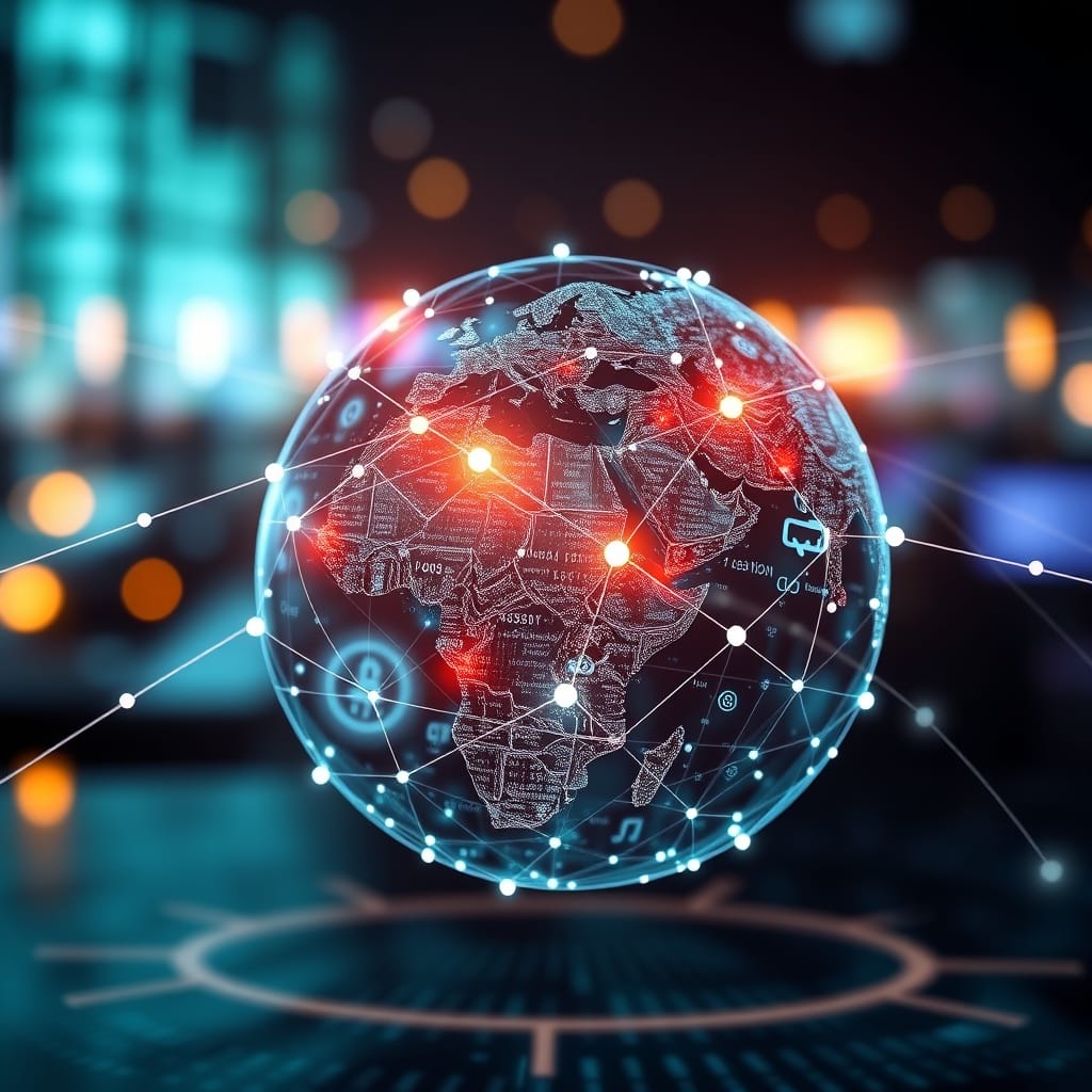 A high-quality stock image showing a digital globe with interconnected nodes and financial data flowing between them, representing cross-border FinTech operations and regulatory challenges in the GCC.