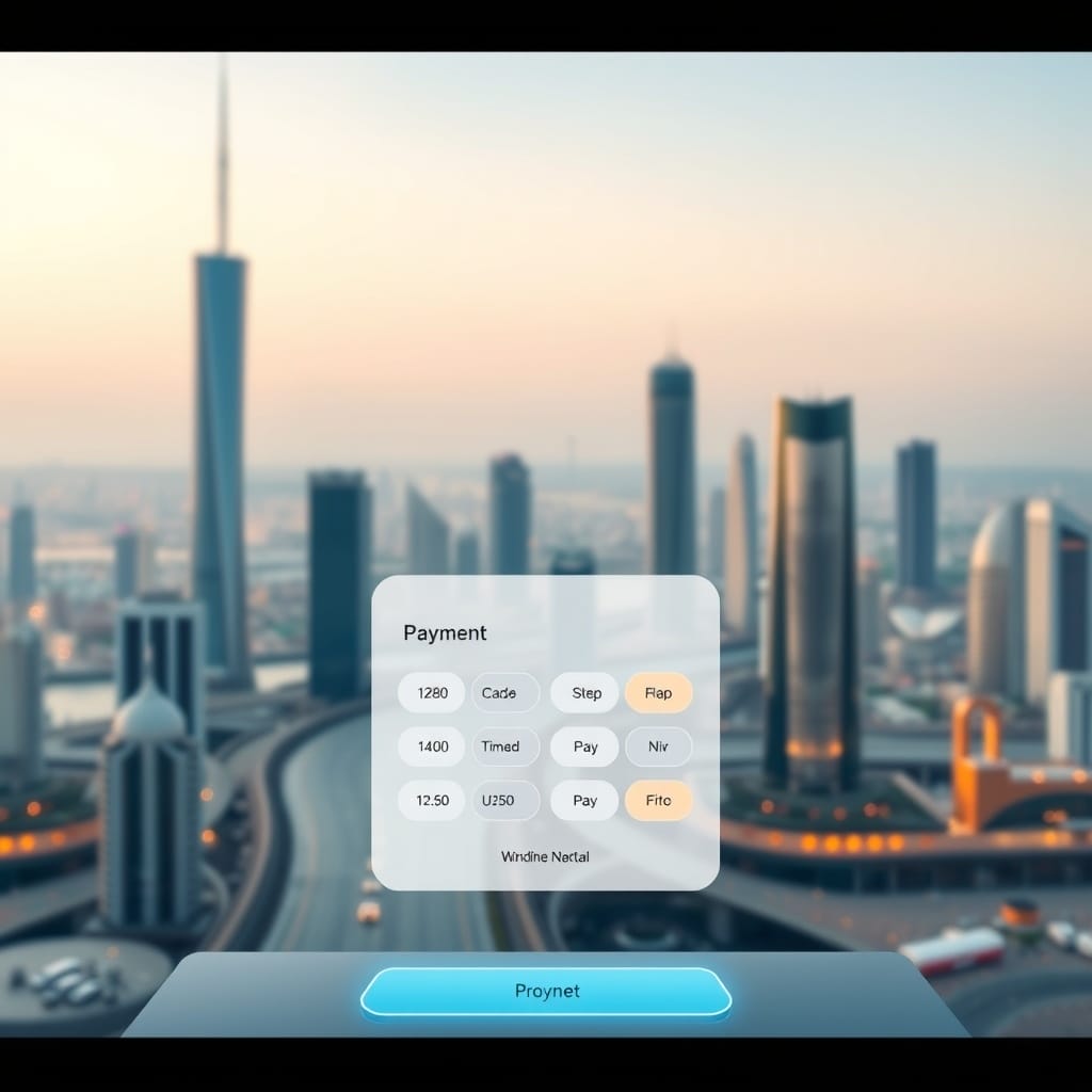 A modern digital payment interface with a Middle Eastern city skyline in the background, symbolizing the advancement of FinTech in the region.