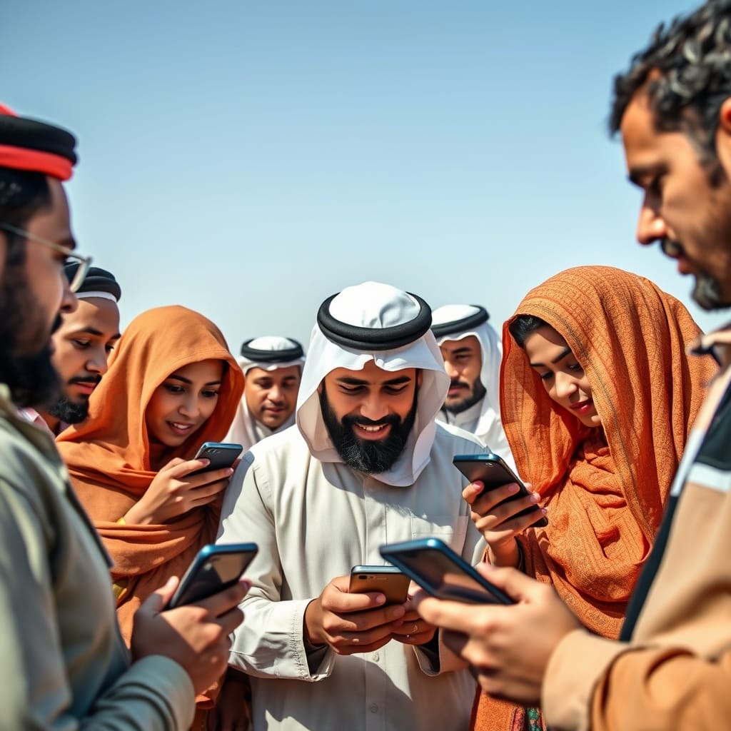 A diverse group of people in the Middle East using mobile banking apps, highlighting financial inclusion through FinTech solutions.