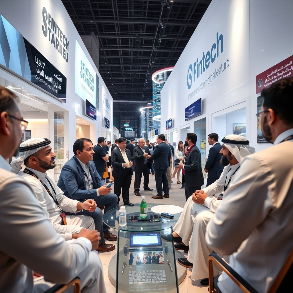 A dynamic scene of investors and entrepreneurs in a Middle Eastern financial hub, discussing FinTech startup investments and growth opportunities.