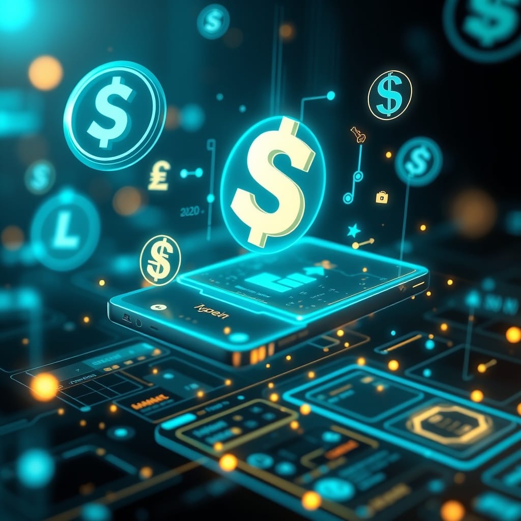 A futuristic digital payment concept with holographic currency symbols and blockchain technology visuals, symbolizing the next decade of payment innovations in the Middle East.