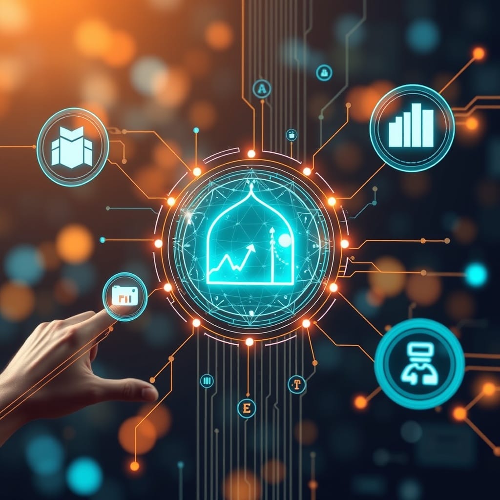 A dynamic image showcasing a digital interface with Islamic finance and FinTech elements merging, symbolizing the opportunities at their intersection, with a focus on innovation and growth.