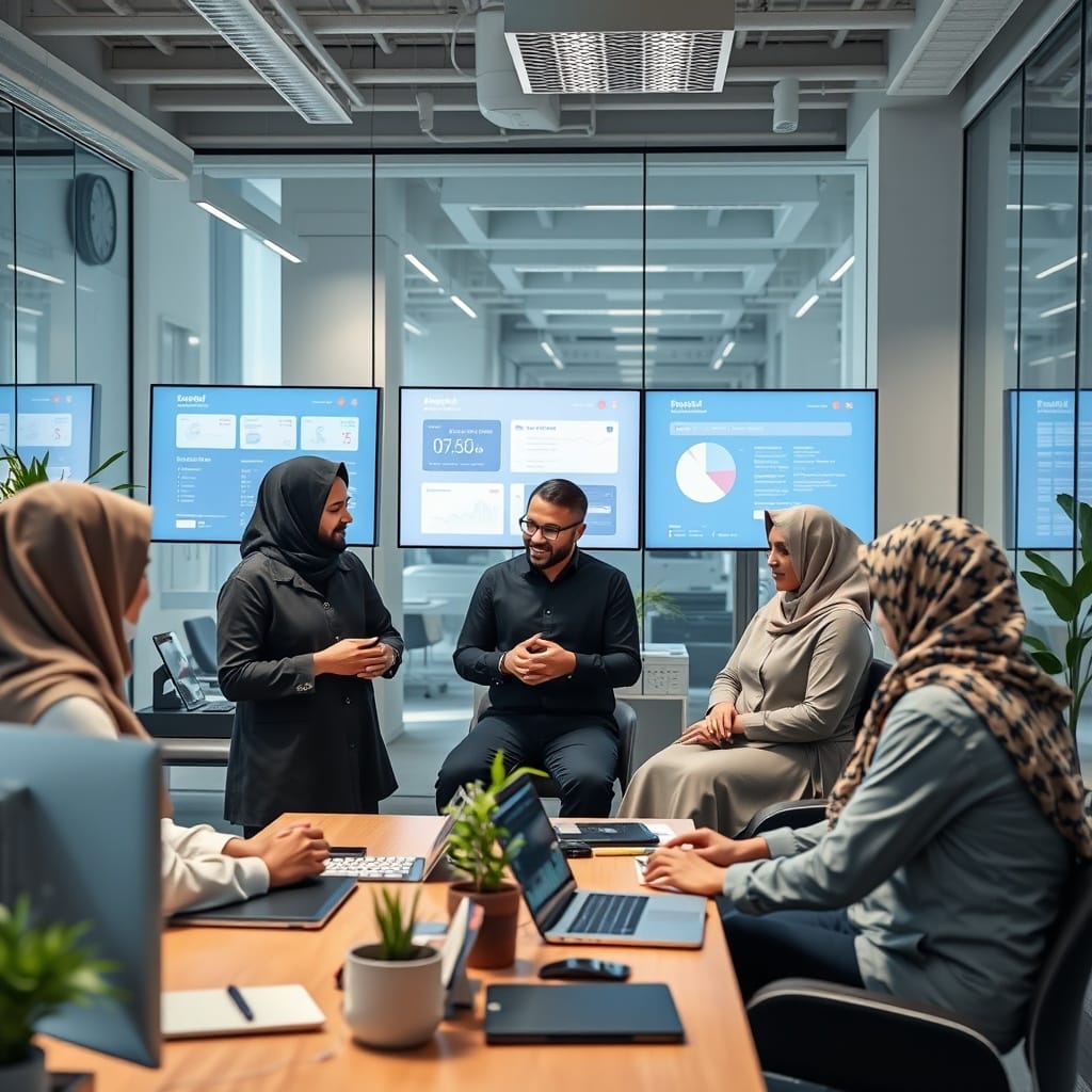 An inspiring image of a successful Islamic FinTech startup team in a modern office, discussing strategies with digital finance tools displayed on screens, highlighting innovation and success.