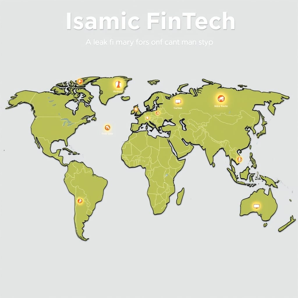 A global map with highlighted leading markets for Islamic FinTech, overlaid with digital finance icons, representing the expansive growth potential and comparative analysis across regions.