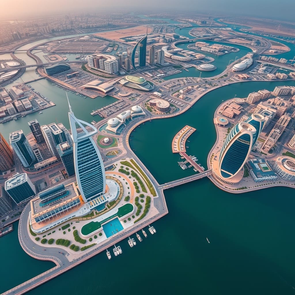 A dynamic aerial view of Abu Dhabi and Bahrain cityscapes highlighting modern architecture and digital connectivity, symbolizing emerging FinTech hubs in the Middle East.