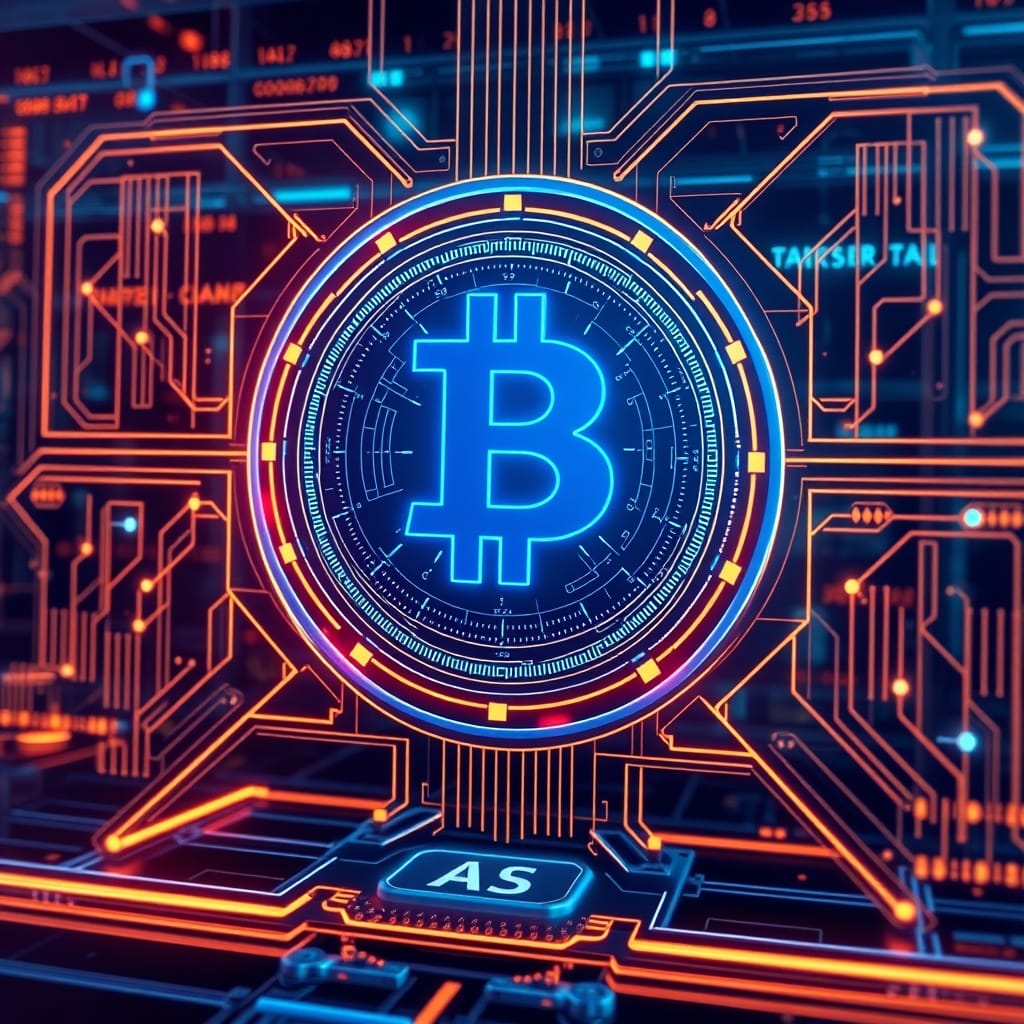 A futuristic digital interface displaying blockchain technology and AI algorithms, representing the cutting-edge technologies driving FinTech innovation in the Middle East.