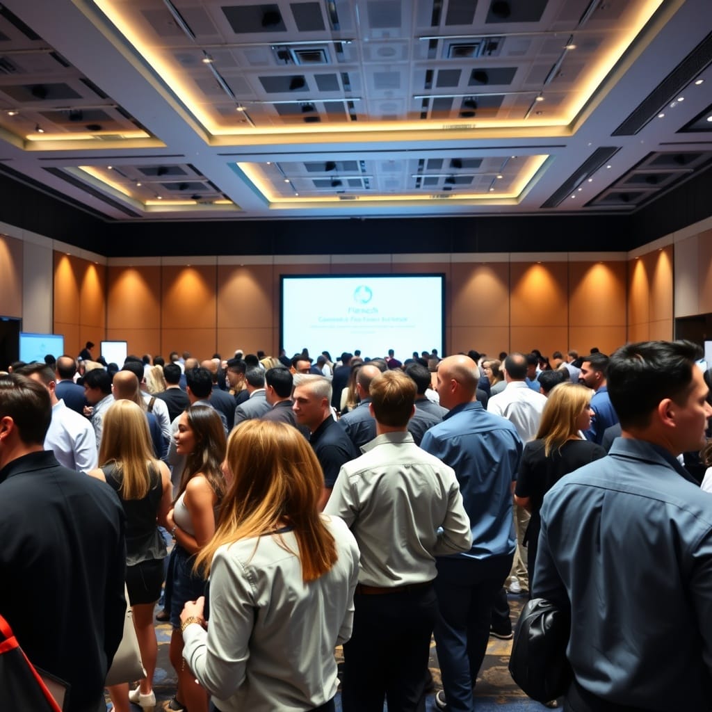A vibrant networking event in a sleek conference hall with professionals engaging, showcasing the importance of community and collaboration in the FinTech sector.