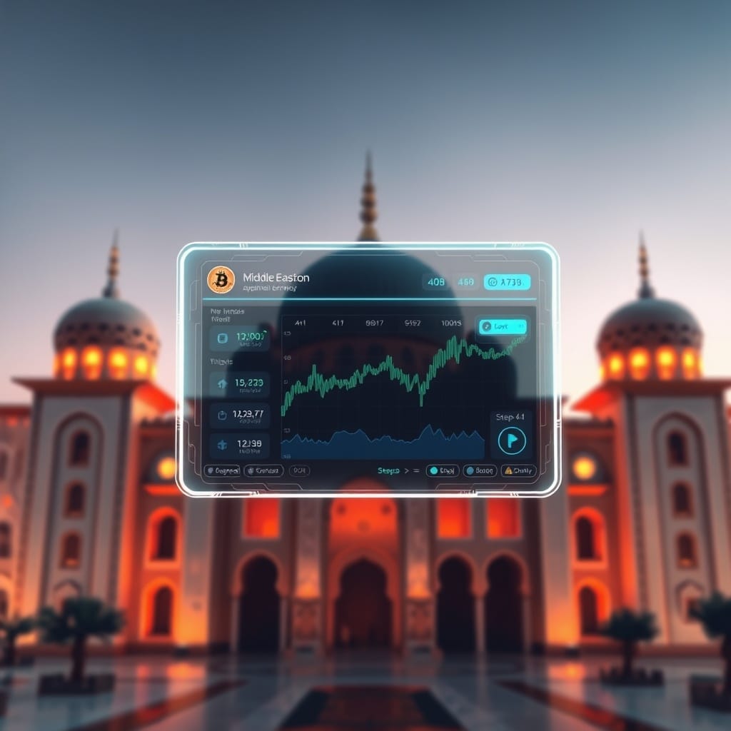 A futuristic digital currency exchange interface with Middle Eastern architectural elements in the background, symbolizing the adoption of cryptocurrency in the region.