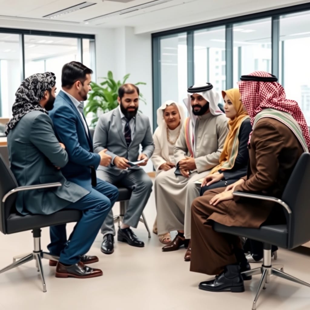 A diverse group of Middle Eastern professionals discussing blockchain technology in a modern office, highlighting the challenges and solutions in the FinTech sector.