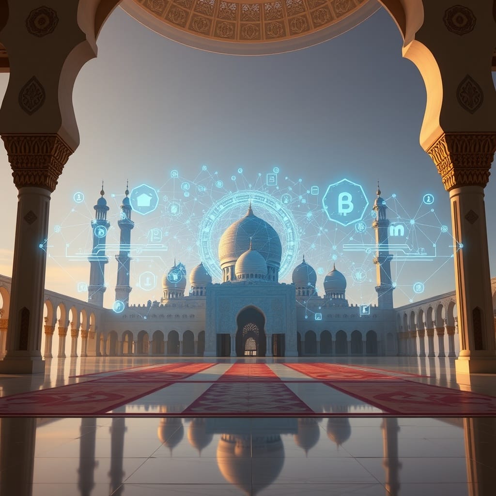 A serene mosque with a digital blockchain overlay, representing the integration of blockchain technology with Islamic finance principles in the Middle East.