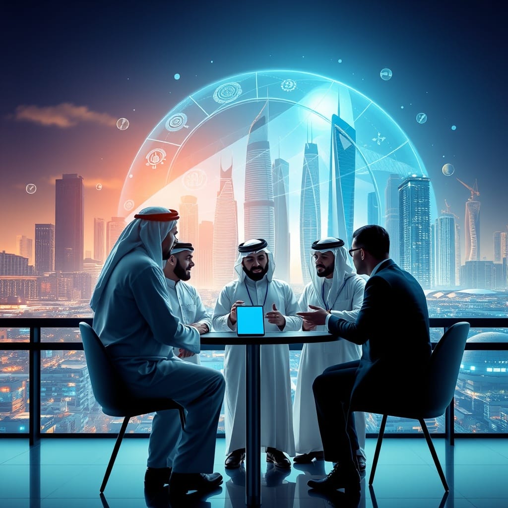 A dynamic stock photo showing a group of Middle Eastern professionals discussing digital strategies with a futuristic cityscape in the background, symbolizing market drivers and regulatory support in InsurTech.