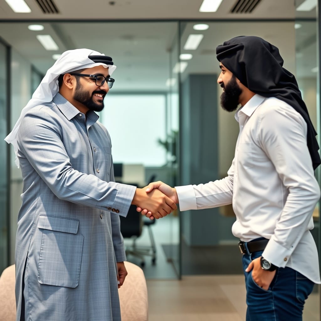 A dynamic stock photo showing a handshake between a venture capitalist and a FinTech entrepreneur in a modern Middle Eastern office setting, symbolizing successful private equity and venture capital investments in FinTech.