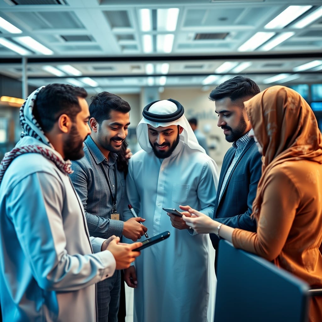 An inspiring stock photo of a diverse group of Middle Eastern FinTech professionals collaborating in a high-tech workspace, highlighting the role of government and policy makers in FinTech growth.