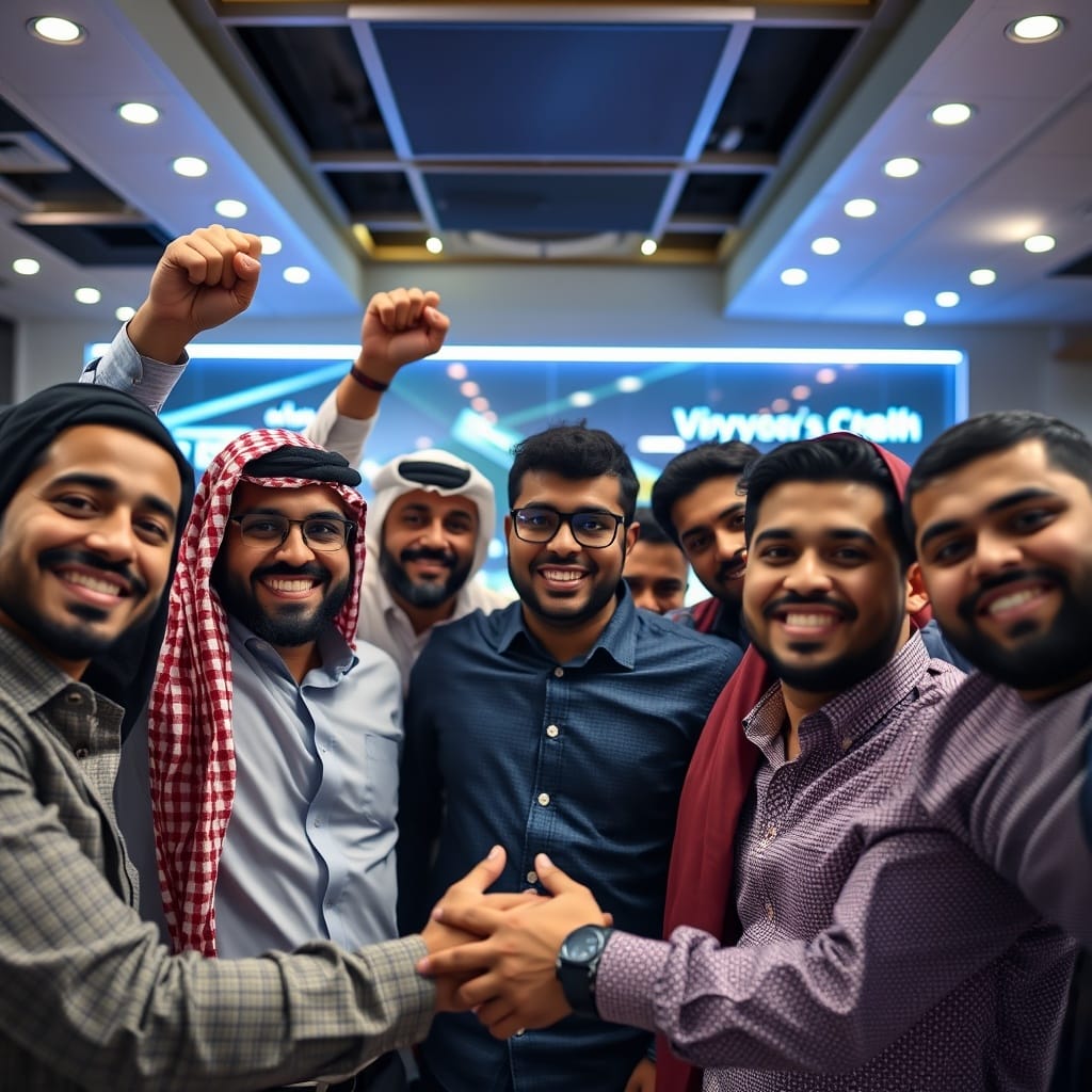 A compelling stock photo featuring a close-up of a Middle Eastern FinTech startup team celebrating a successful funding round, illustrating the journey and success stories in FinTech investments.