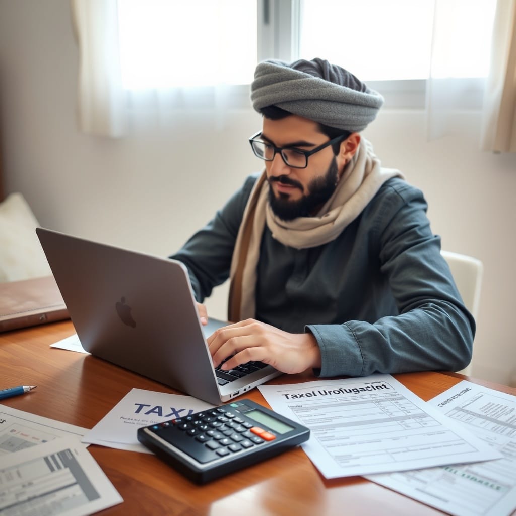 A professional stock photo of a freelancer in Afghanistan reviewing tax documents on a laptop, with a calculator and paperwork scattered on the table, symbolizing tax obligations and financial planning.
