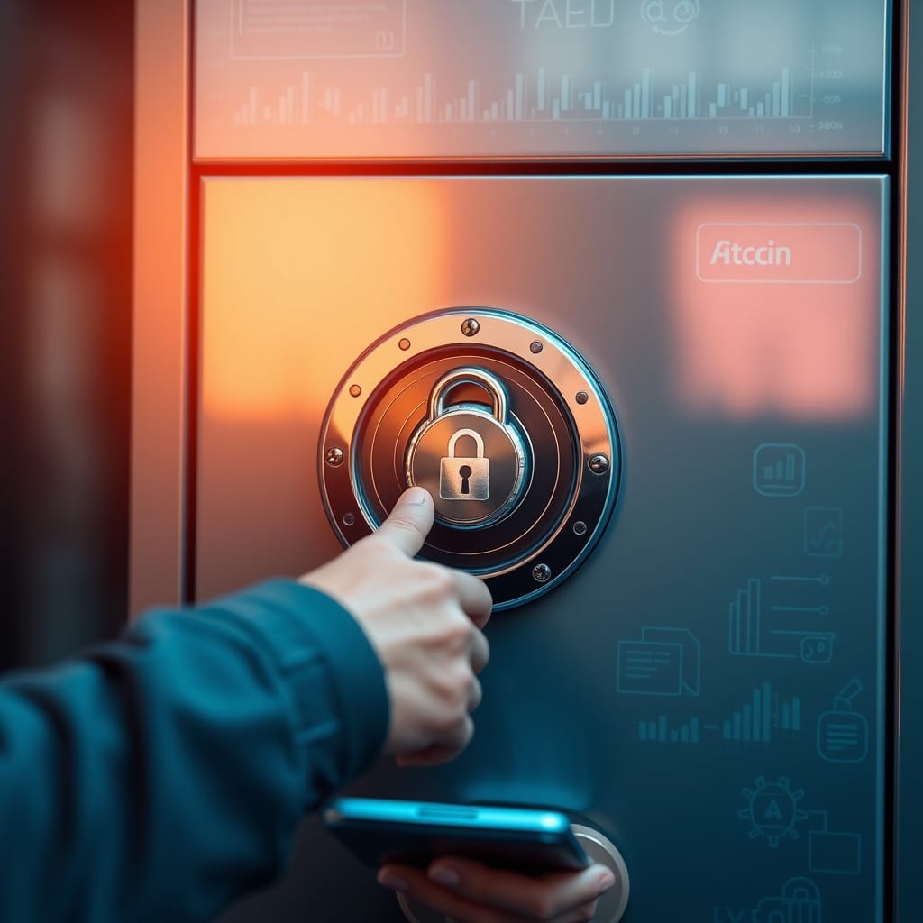A high-quality stock image depicting a freelancer in Afghanistan securely locking a digital safe, representing financial security and the importance of protecting financial data and managing risks.