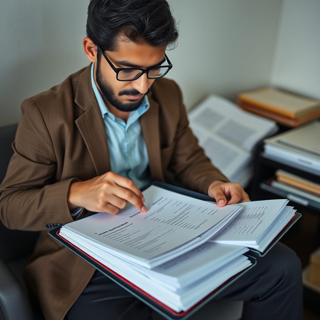 A professional stock photo showing an Afghan freelancer organizing financial records and receipts in a neat folder, highlighting the importance of accurate financial management and record-keeping.
