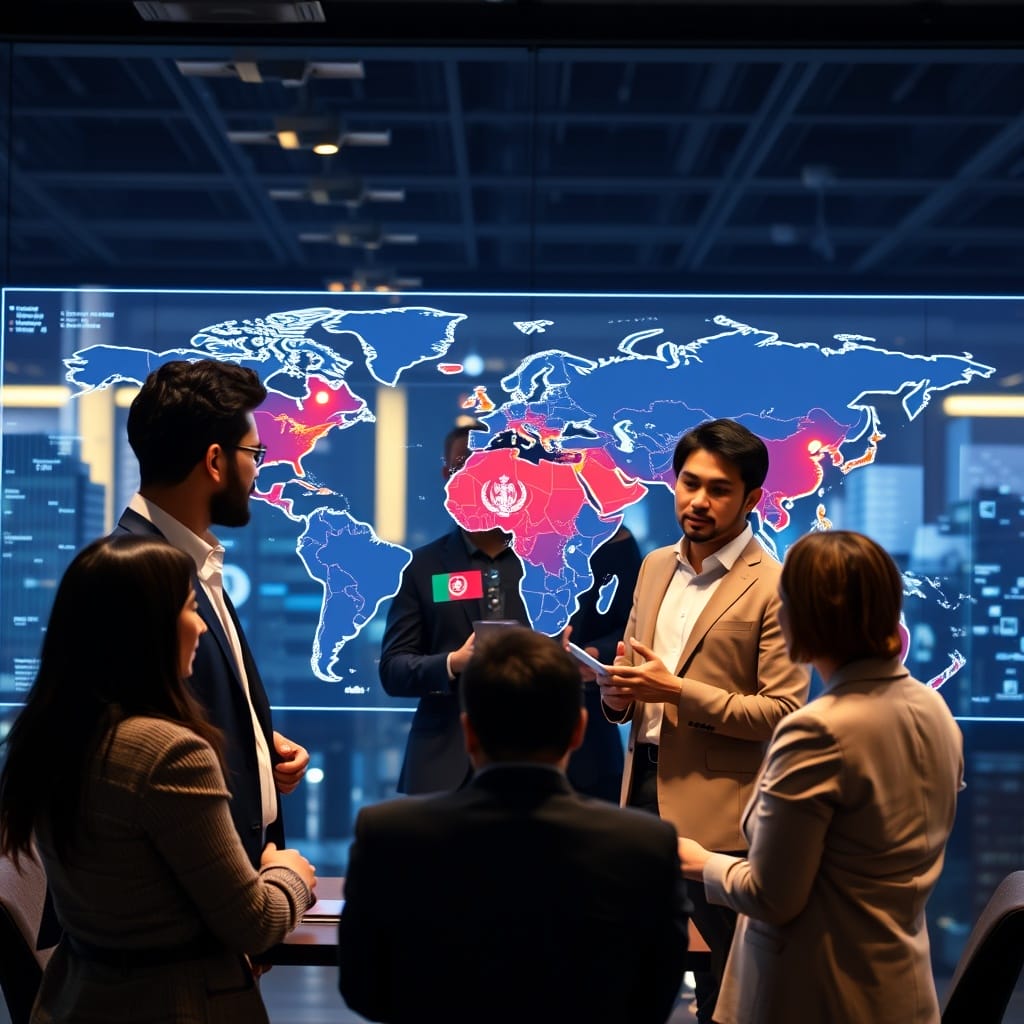 A professional stock photo illustrating international collaboration in fintech, featuring a diverse group of professionals discussing over a digital world map with highlighted connections to Afghanistan.