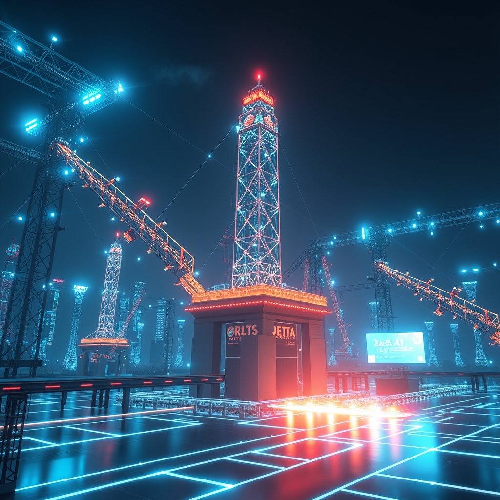 A futuristic digital infrastructure setup in Indonesia, showcasing advanced technology and connectivity, symbolizing the challenges and readiness for AI adoption.