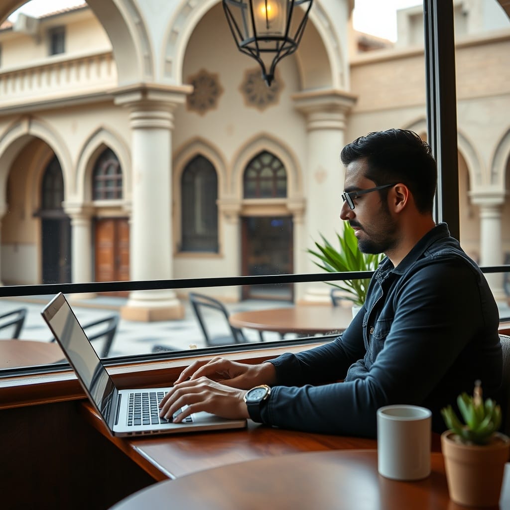 A professional stock photo featuring a digital nomad working on a laptop in a café with Algerian architecture in the background, symbolizing the blend of modern work and local culture.