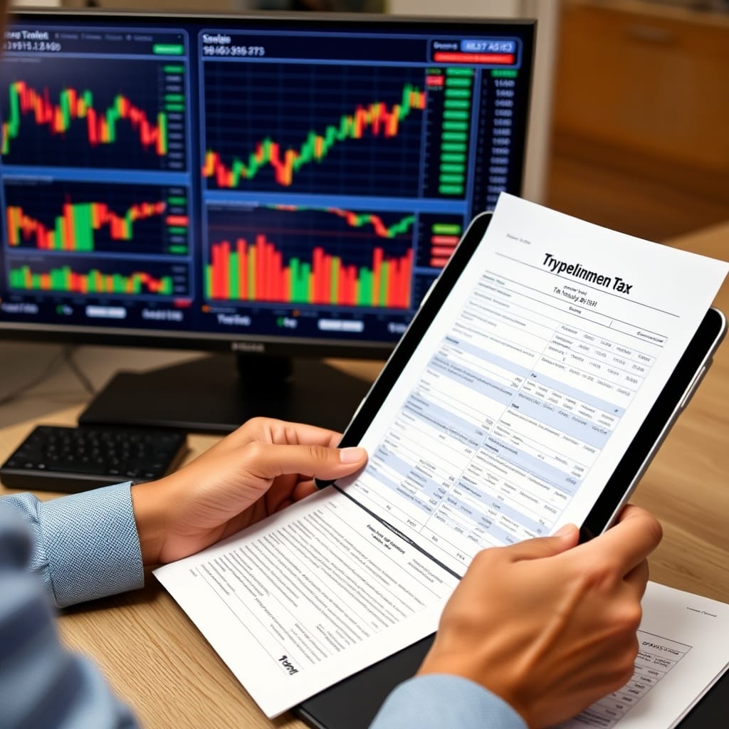 A high-quality stock image showing a person reviewing financial documents on a tablet with cryptocurrency charts displayed on a screen nearby, highlighting tax planning and compliance.