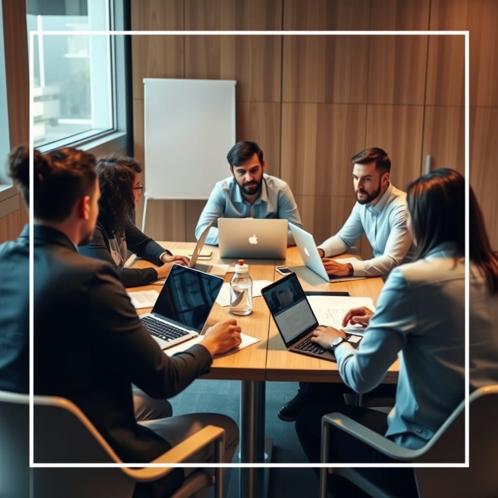 A professional stock photo depicting a diverse group of people discussing around a table with laptops and documents, representing case studies and collaborative learning on crypto taxation.