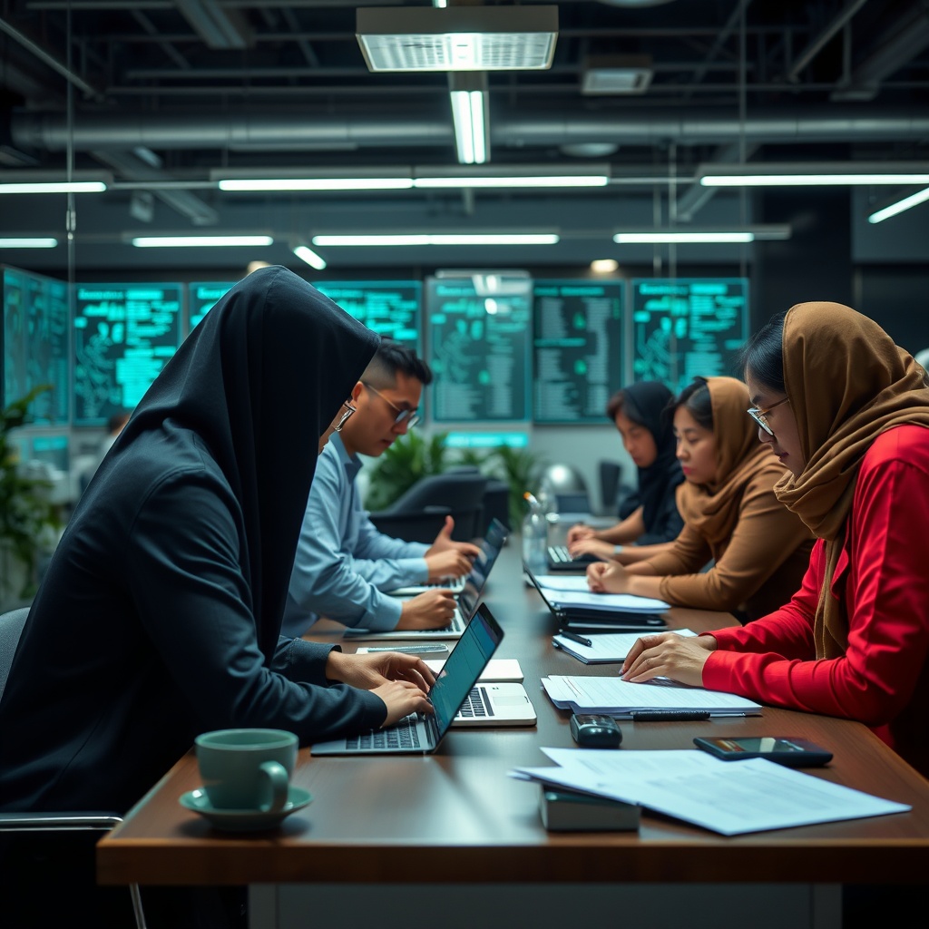 A diverse group of Indonesian professionals engaging in a collaborative workspace, highlighting the future of work and skills development in an AI-driven economy.