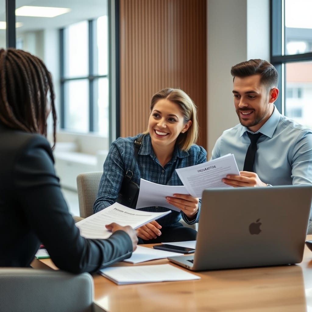 A freelancer in Antigua and Barbuda discussing insurance options with a financial advisor, surrounded by documents and a laptop, in a modern office environment.