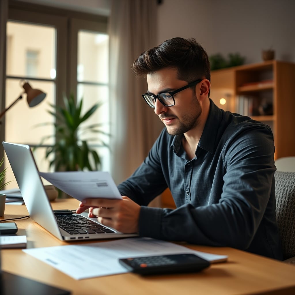 A professional freelancer in Argentina reviewing tax documents on a laptop, with a calculator and notepad nearby, in a well-lit home office setting.