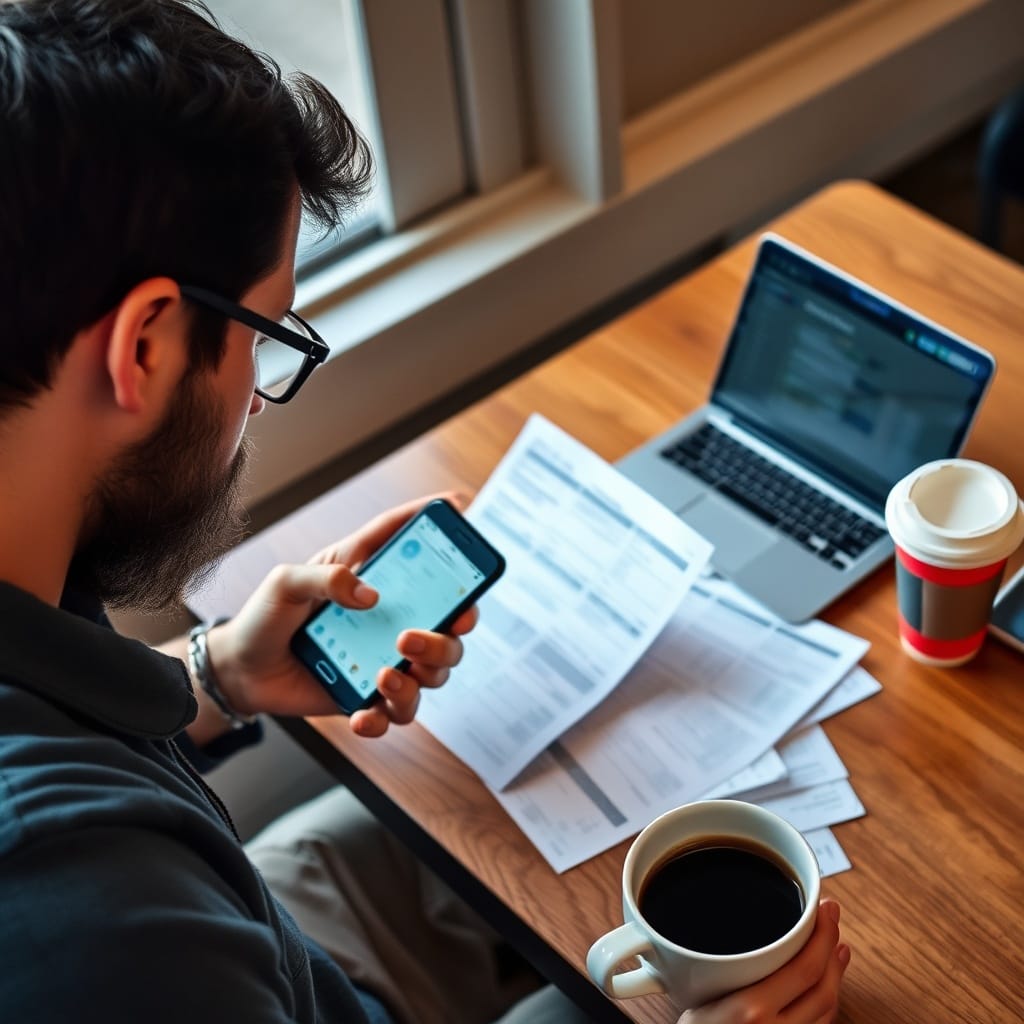 A digital nomad in Buenos Aires looking stressed while checking bank statements on a smartphone, with a coffee cup and scattered receipts on the table.