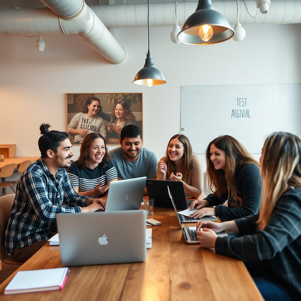 A group of diverse freelancers and nomads collaborating in a co-working space in Argentina, sharing insights and laughing, with laptops and notebooks on the table.