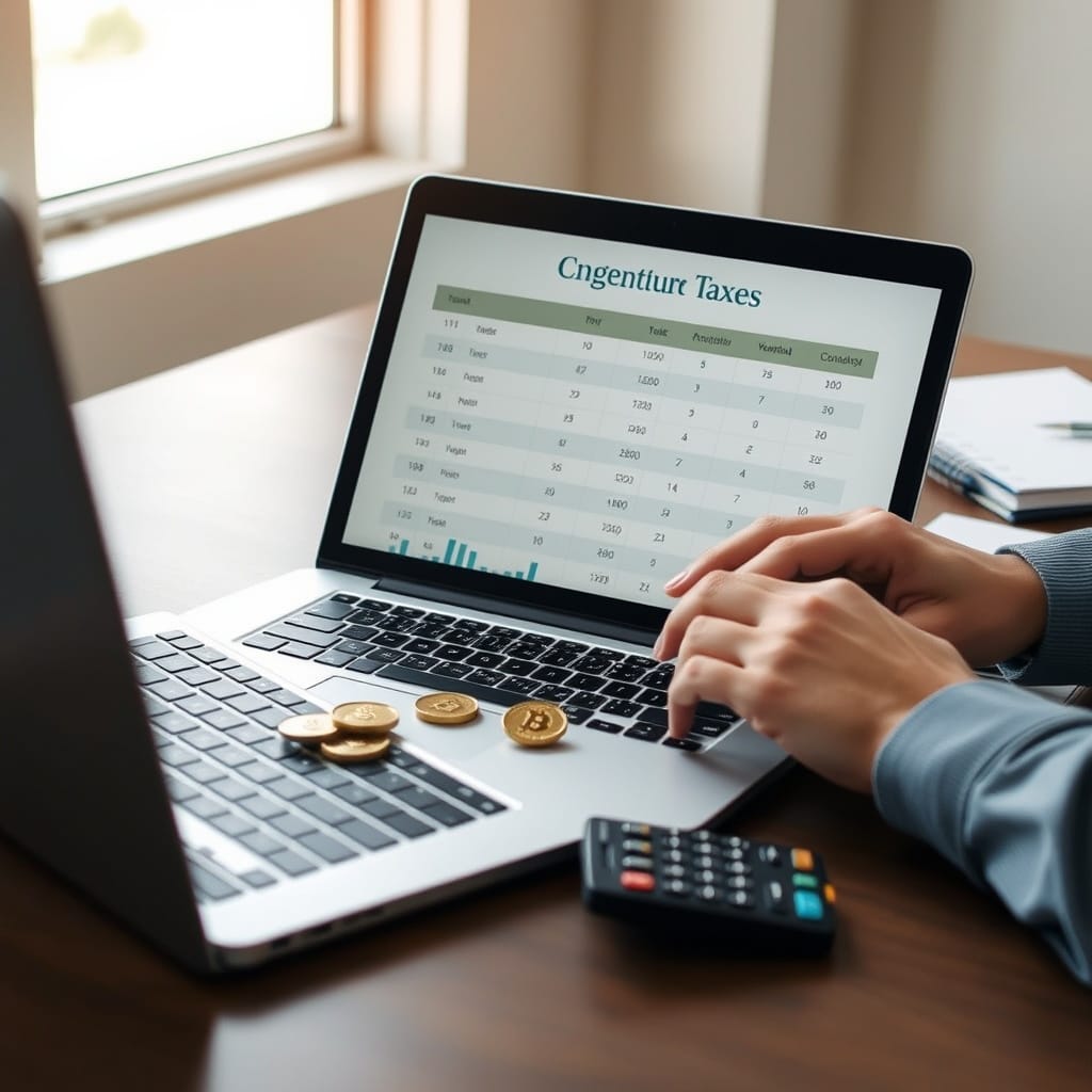 A professional stock photo of a person calculating cryptocurrency taxes on a laptop, with a notepad and calculator nearby, symbolizing the process of understanding and calculating crypto taxes in Argentina.