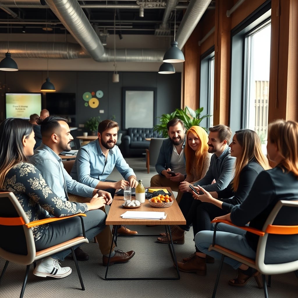 A professional stock photo depicting a diverse group of expats and digital nomads discussing cryptocurrency taxation strategies in a modern co-working space in Argentina.