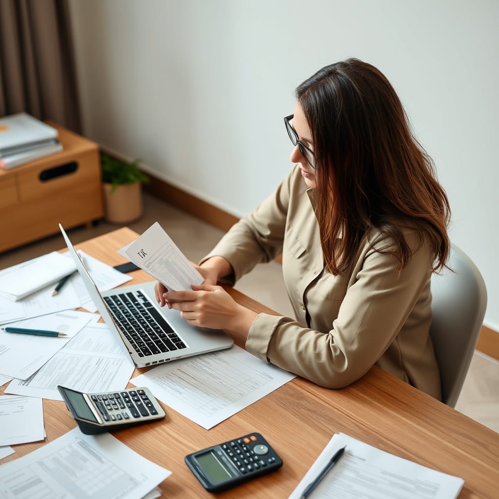 A professional freelancer in Argentina reviewing tax documents on a laptop, with a calculator and paperwork scattered on a desk, symbolizing tax obligations and financial planning.
