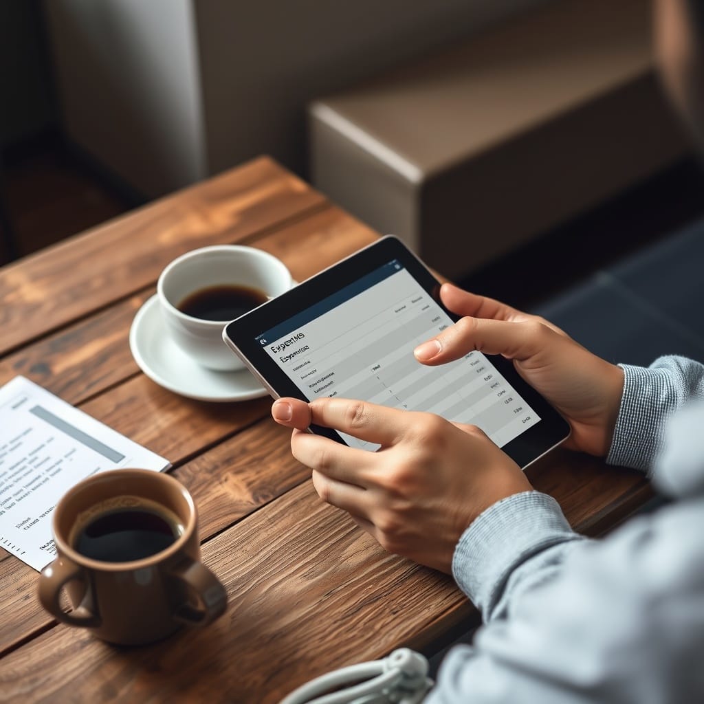 A freelancer in Argentina using a digital tablet to track expenses, with receipts and a coffee cup on a wooden table, highlighting expense management and deductions.