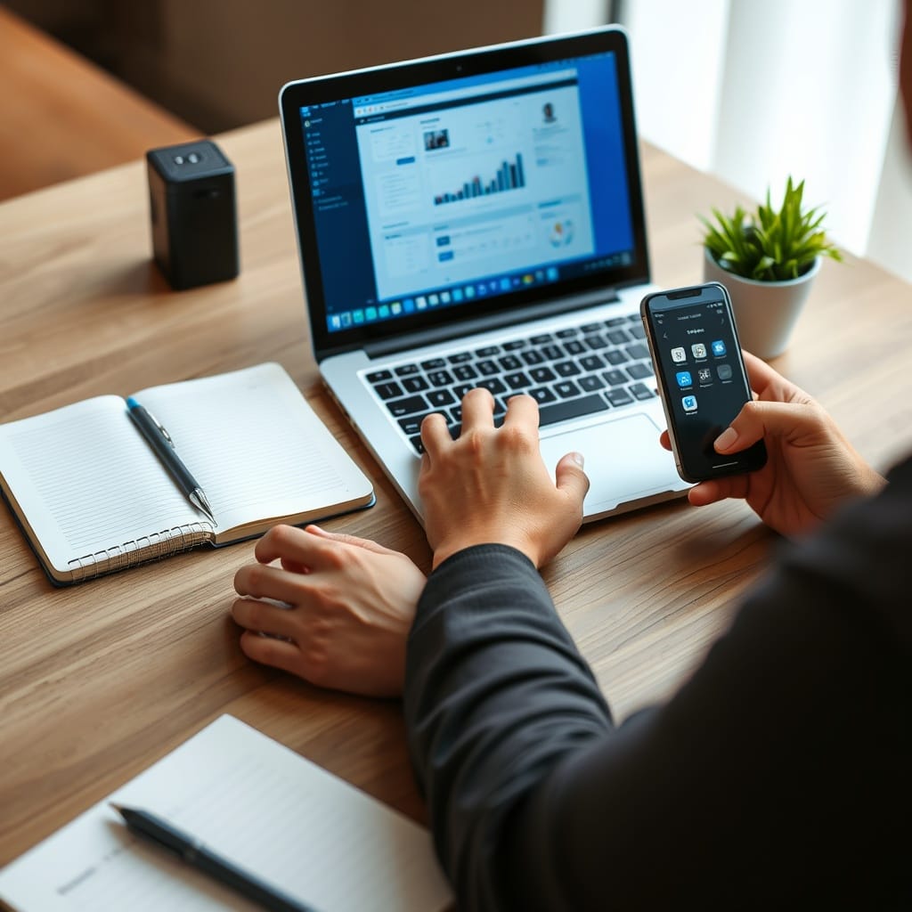 A freelancer using digital tools on a laptop and smartphone, with a clean desk setup including a notebook and pen, representing digital tools for freelancers in Armenia.