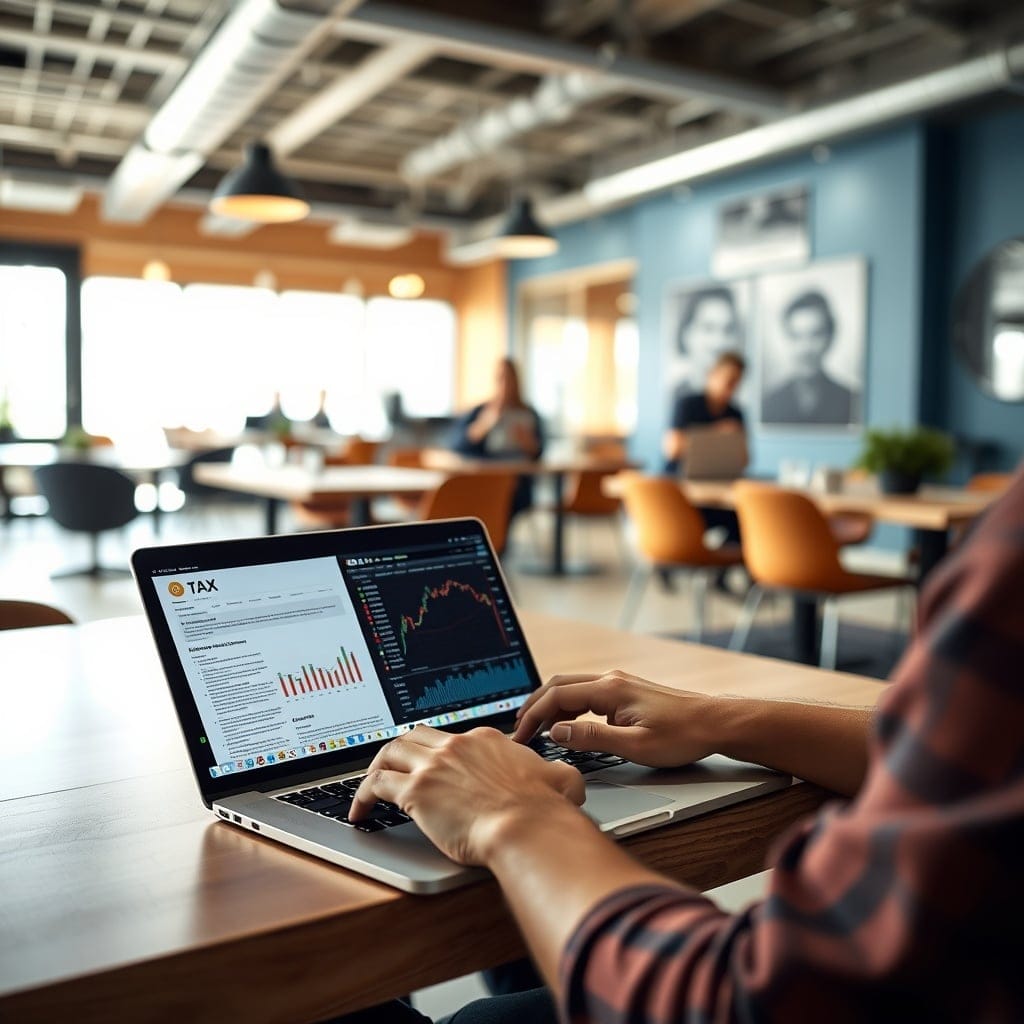 A professional stock photo featuring a digital nomad working on a laptop with cryptocurrency charts and Australian tax documents visible on the screen, set against a backdrop of a modern co-working space.