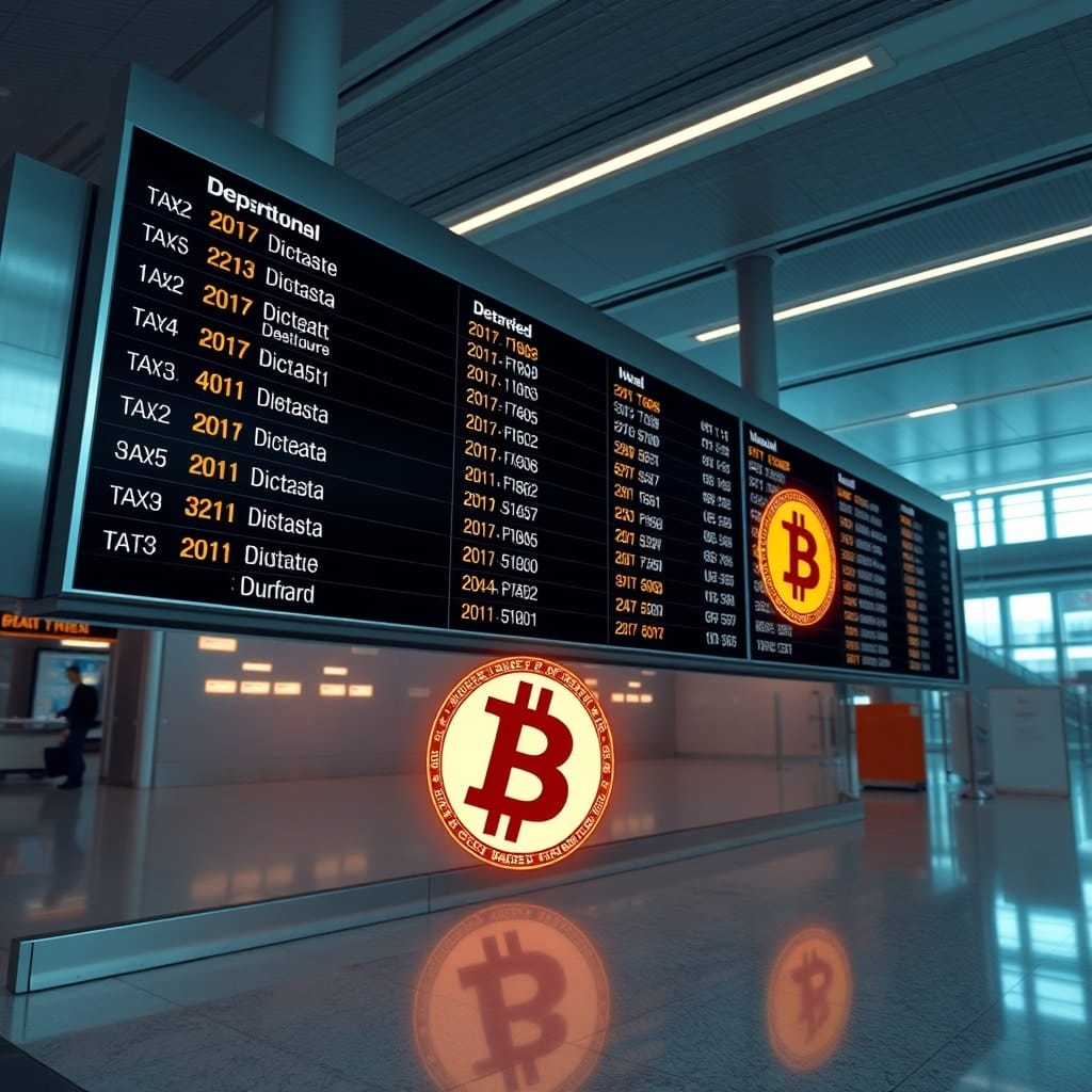 A high-quality stock image showing an international airport departure board with cryptocurrency symbols subtly integrated, representing the global aspect of crypto transactions and tax implications for travelers.