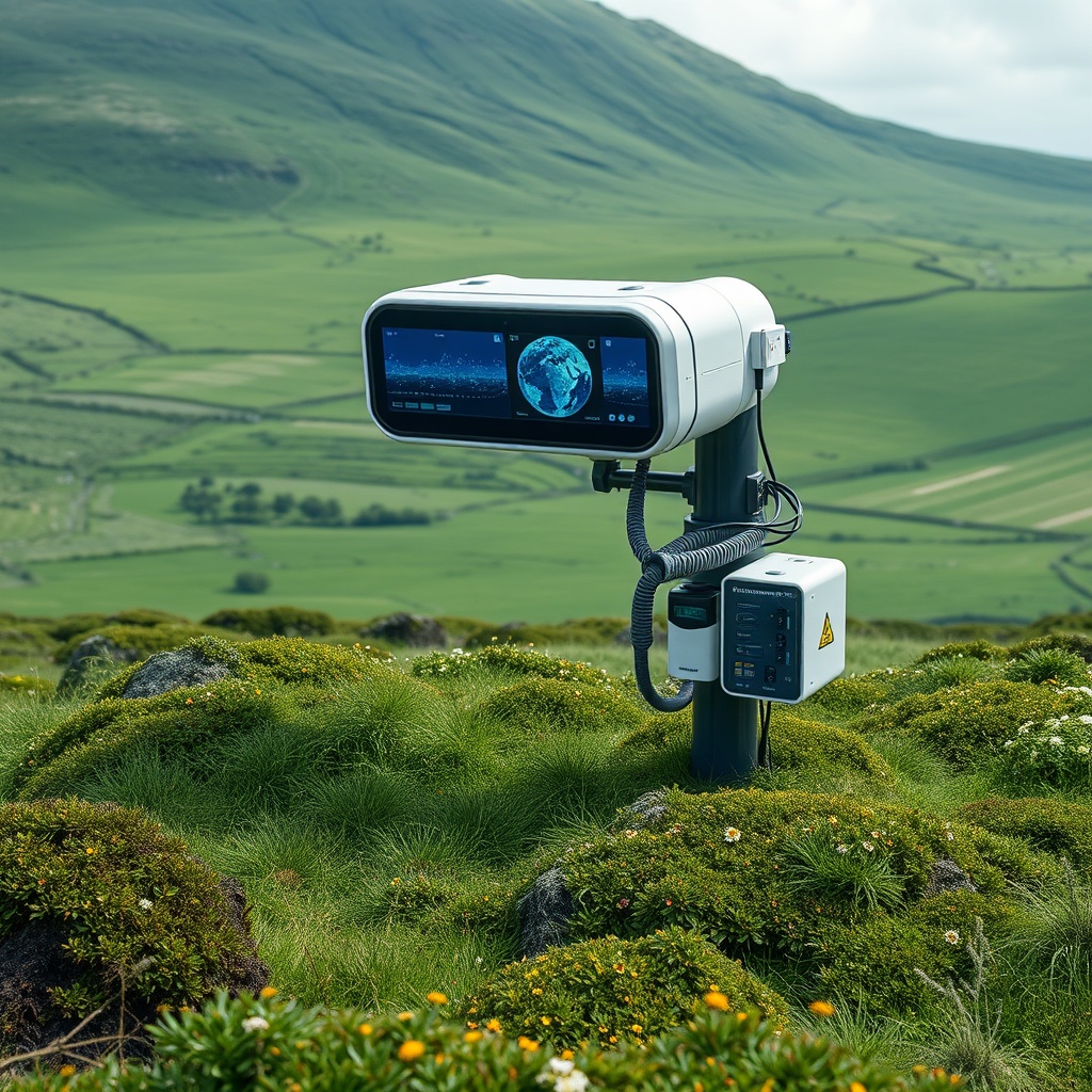 A futuristic AI-powered environmental monitoring system in a lush Irish landscape, showcasing technology's role in climate solutions.