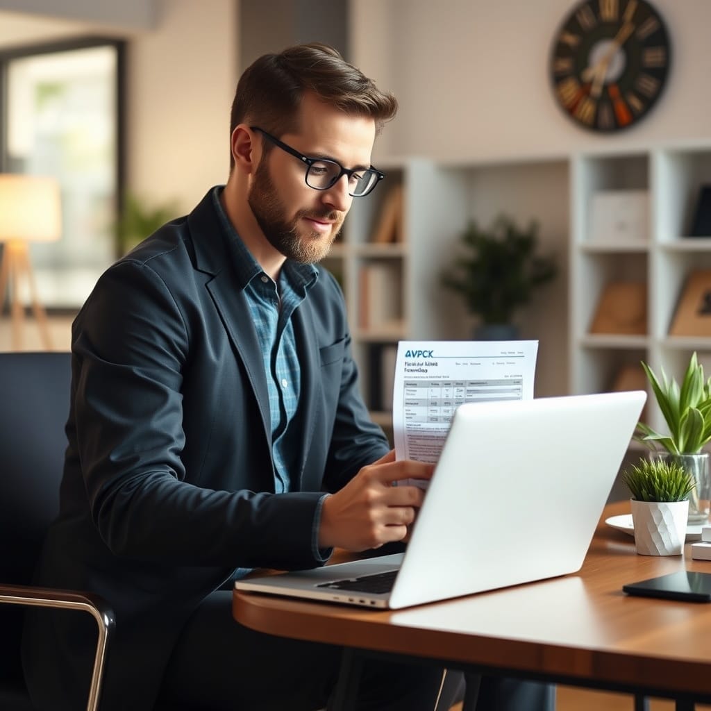 A professional freelancer reviewing bank statements and managing finances on a laptop in a modern home office setting, highlighting the importance of banking solutions for Australian freelancers.