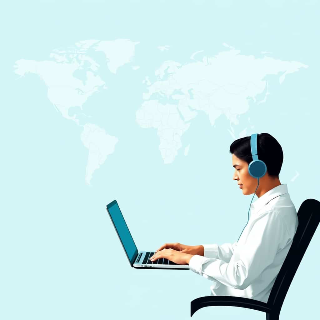 A freelancer working on a laptop with a world map in the background, representing international freelancing and understanding tax implications with overseas clients.