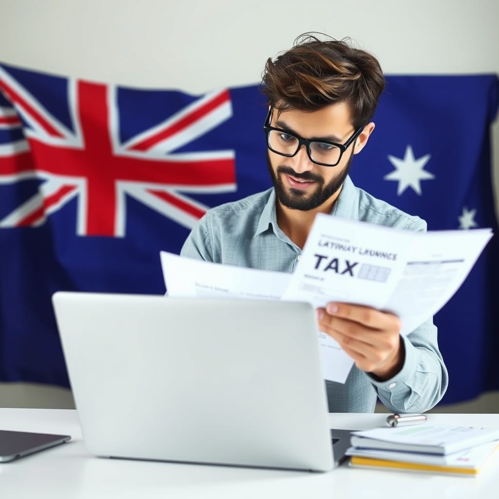 A professional freelancer reviewing tax documents on a laptop with the Australian flag in the background, symbolizing tax obligations for freelancers in Australia.