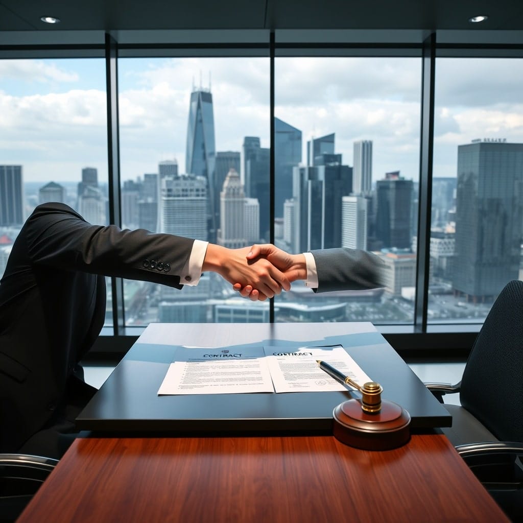 A freelancer shaking hands with a client over a contract on a table, with a modern Australian cityscape in the background, representing legal considerations for freelancers.