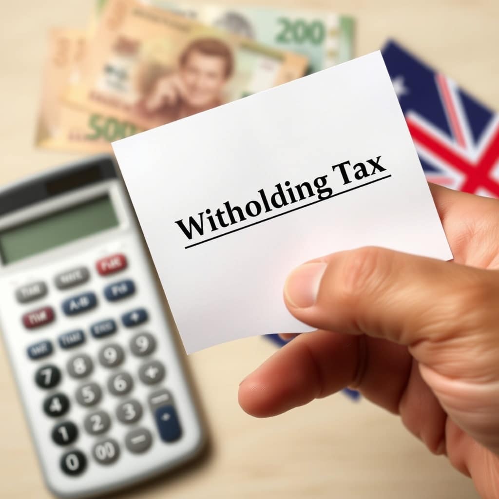 A professional stock photo depicting a hand holding a document with 'Withholding Tax' highlighted, set against a backdrop of a calculator and Australian currency, symbolizing financial obligations for non-residents.
