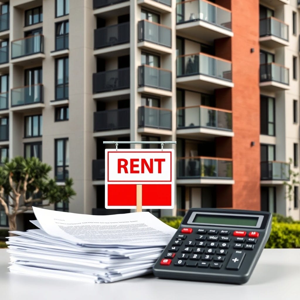 A high-quality stock image showing a modern apartment building with a 'For Rent' sign, alongside a stack of documents and a calculator, representing rental income and property taxes for non-residents in Australia.