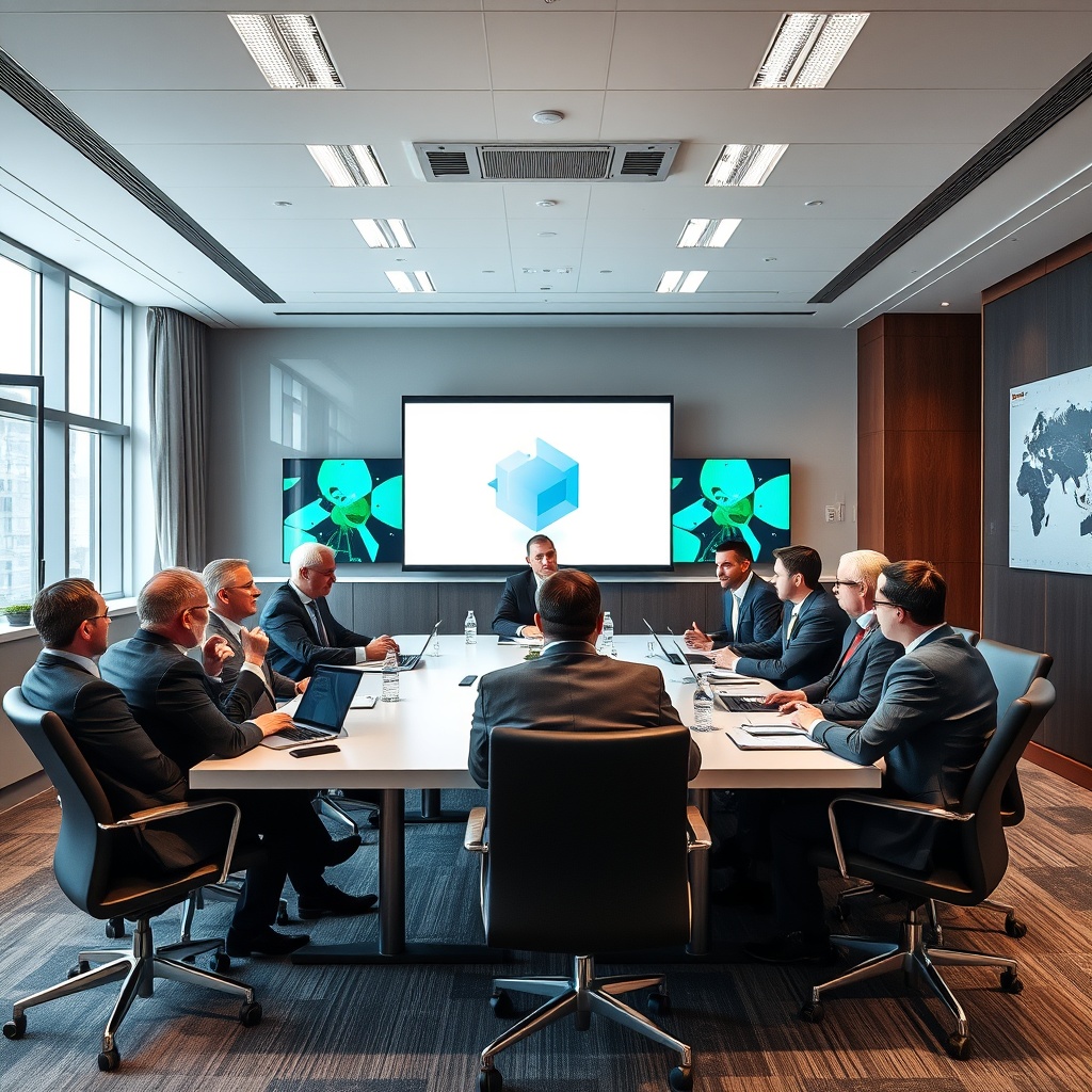 A dynamic meeting room in Dublin with multinational executives discussing AI investment strategies, symbolizing Ireland's appeal to global tech leaders.
